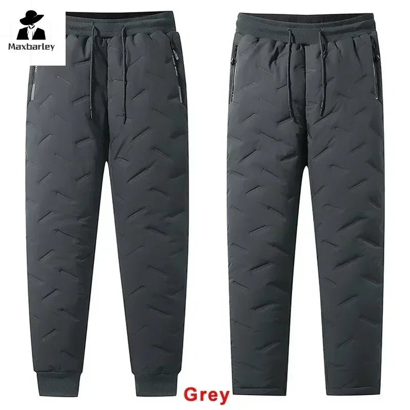 Stay Warm and Stylish This Winter with Our Men's Casual Waterproof Down Cotton Pants - Thickened Wool Joggers with Zipper Pockets for Outdoor Adventures