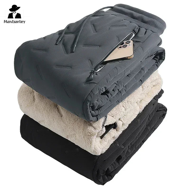 Stay Warm and Stylish This Winter with Our Men's Casual Waterproof Down Cotton Pants - Thickened Wool Joggers with Zipper Pockets for Outdoor Adventures