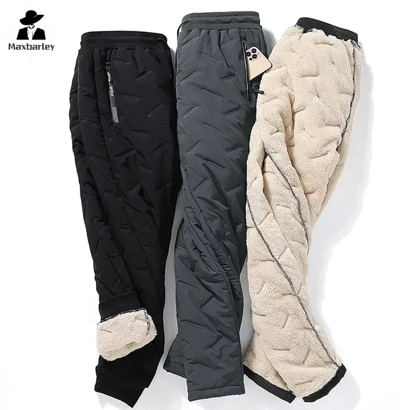 Stay Warm and Stylish This Winter with Our Men's Casual Waterproof Down Cotton Pants - Thickened Wool Joggers with Zipper Pockets for Outdoor Adventures