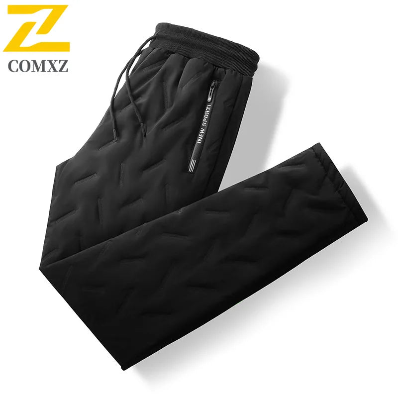 Stay Warm and Stylish This Winter with Our Men's Casual Waterproof Down Cotton Pants - Thickened Wool Joggers with Zipper Pockets for Outdoor Adventures