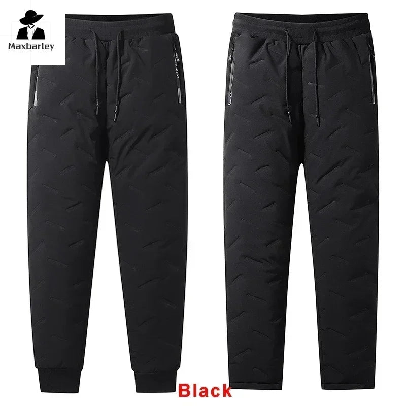 Stay Warm and Stylish This Winter with Our Men's Casual Waterproof Down Cotton Pants - Thickened Wool Joggers with Zipper Pockets for Outdoor Adventures